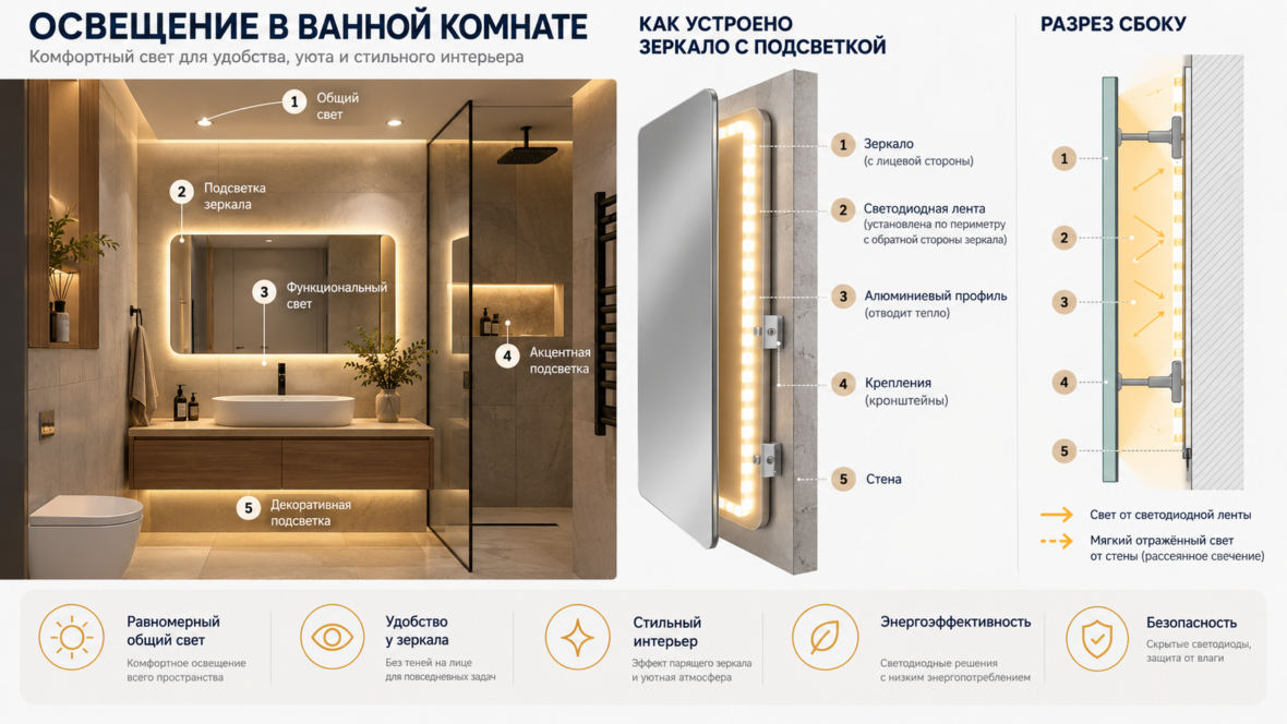 Схема освещения ванной с общим светом и подсветкой зеркала