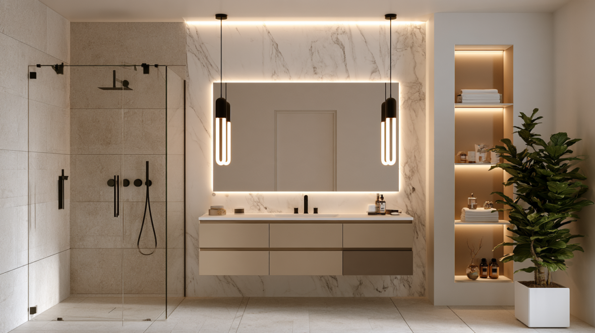 Светлая ванная комната в современном стиле с подвесной тумбой и душевой за стеклом