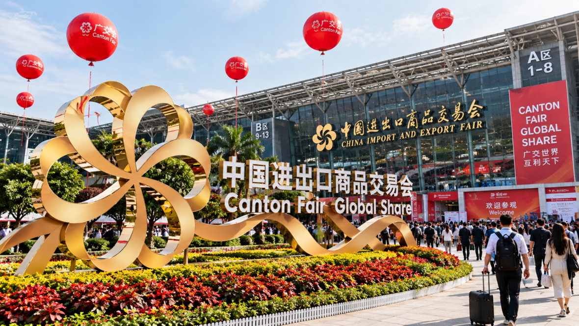 Выставочный комплекс Canton Fair в Гуанчжоу с посетителями у входа
