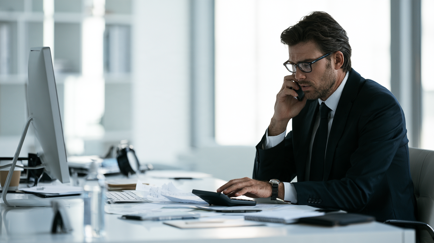 тендерный специалист за работой: стол, куча бумаг, монитор, в руке телефон 