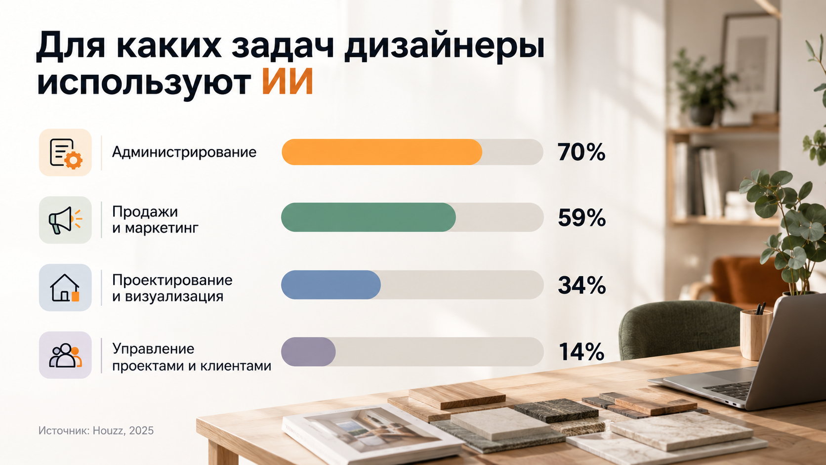 Диаграмма: «Для каких задач дизайнеры используют ИИ» — администрирование 70%, продажи и маркетинг 59%, проектирование и визуализация 34%, управление проектами и клиентами 14%; данные: [Houzz, 2025]