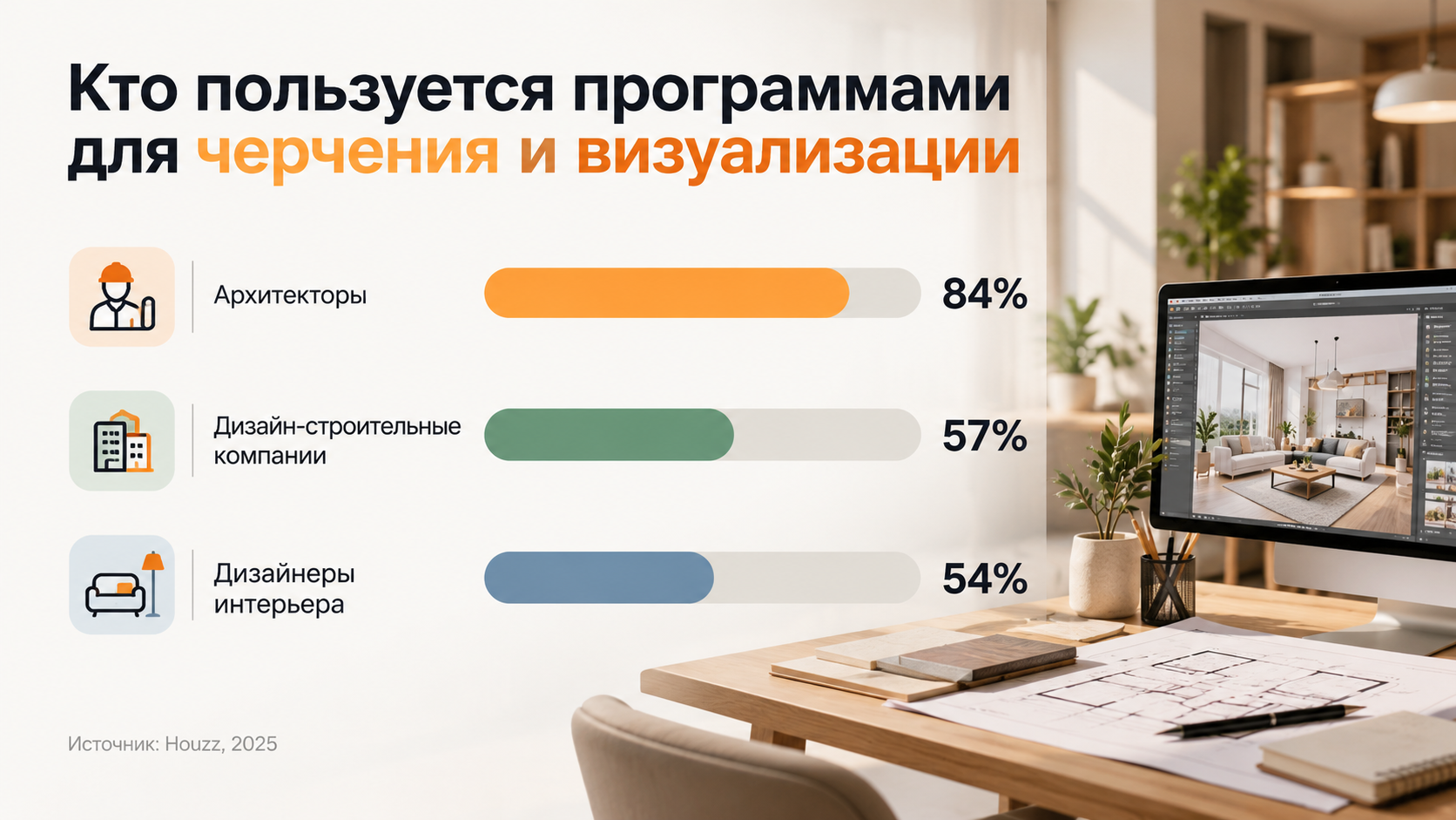 Диаграмма: «Кто пользуется программами для черчения и визуализации» — архитекторы 84%, дизайн-строительные компании 57%, дизайнеры интерьера 54%; данные: [Houzz, 2025]