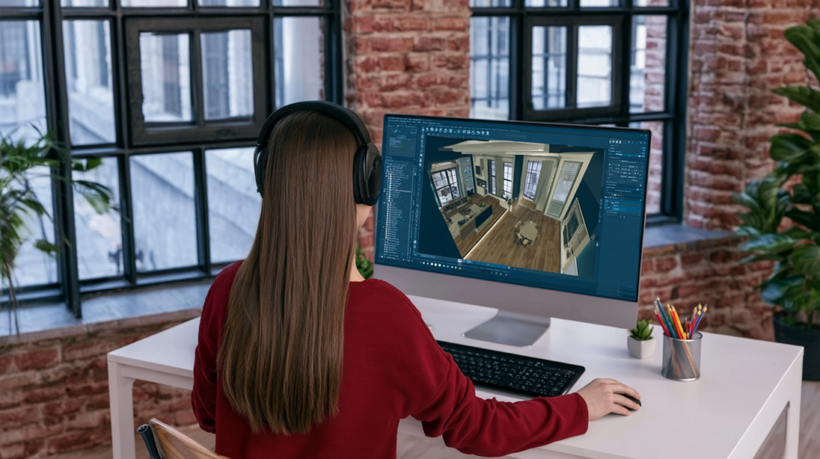 дизайнер смотрит на 3D-модель комнаты на мониторе